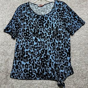 AMANA Woman’s Blue Black Leopard Print Blouse Tie Front Textured Top Size 1X